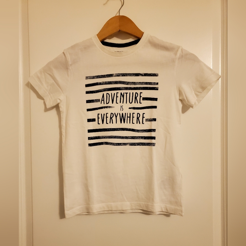 VERTBAUDET bright white adventure starts here short sleeved tee shirt size 8 126